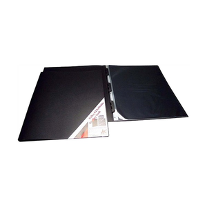 Black Colby Art 257A2 A2 refillable display book lying open to show clear pockets with black inserts and the clip spine