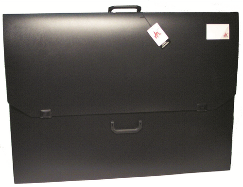 Colby Art A1 black polypropylene carry case with twin handles and clip fasteners, open to show interior capacity