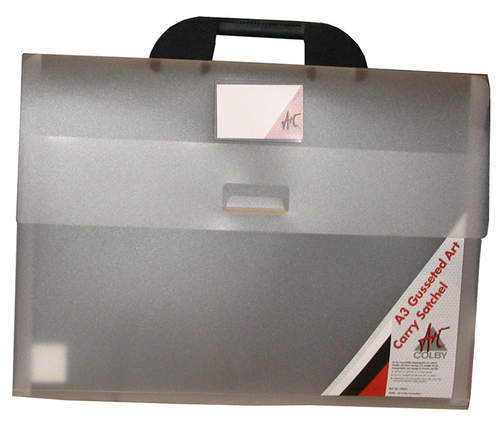 Colby Art 730A3 clear A3 polypropylene carry satchel with padded handle and expandable gusset, shown from the front