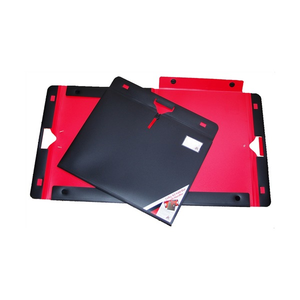 Colby Art 751A2 fold-out folio in black with a red interior, shown closed with a die-cut handle and opened flat to show the fold-out flaps
