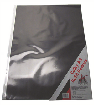 Clear Colby Art 257A2P A2 refill pocket with a black insert and punched spine, shown with the Colby A2 Refill Pockets pack card and barcode label