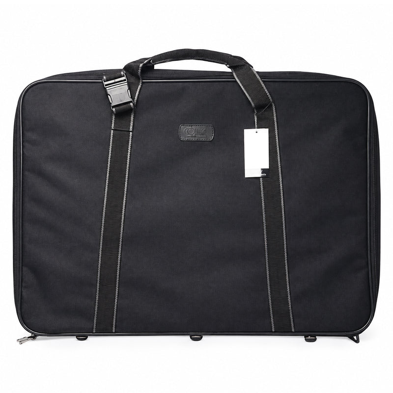 Front product view of the Colby Art A2 Soft Sided Art Bag in black against a clean white background. The image displays the full rectangular portfolio shape, padded carry handle, reinforced vertical straps, metal fastening hardware, zip closure and protective base feet for secure transport and storage of A2 artwork.
