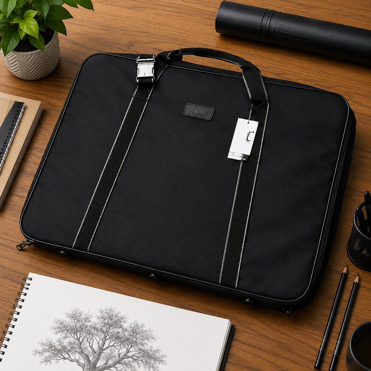 Black Colby Art A2 art portfolio bag positioned flat on a timber studio desk beside a sketchbook, drawing pencils and storage tube. The image highlights the robust soft sided construction, reinforced carry straps, handle and metal hardware, showing the bag ready for organised storage and transport of large creative work.