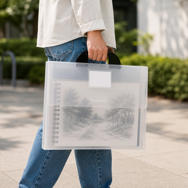 Colby Art A4 Gusseted Art Carry Satchel being carried outdoors by its contrasting black handle. The translucent clear polypropylene body reveals an A4 spiral artwork pad inside, while the front flap, identification window and expandable construction demonstrate a lightweight portable solution for students, artists and creative professionals.