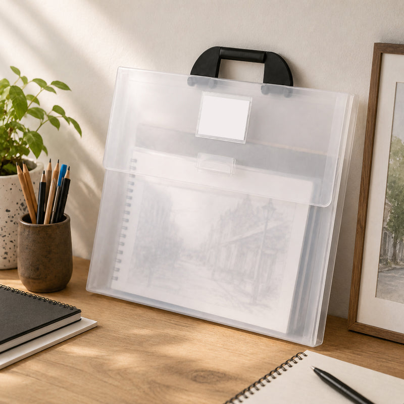 Colby Art clear A4 art carry satchel standing upright on a creative desk beside drawing materials and framed artwork. The soft translucent body allows the stored sketchbook to remain visible while the black handle, broad protective flap and front label window show its practical design for organised studio or classroom storage.