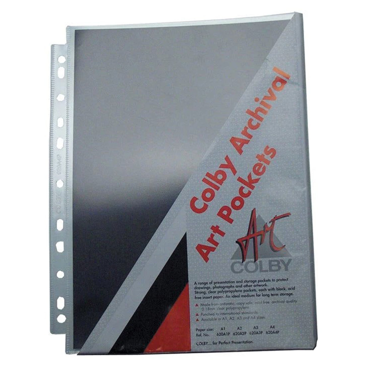 Product view of the Colby Art A4 Polypropylene Portfolio Pocket Refill with branded presentation insert visible through the clear pocket. The image highlights the transparent construction, reinforced internationally punched filing edge and A4 format designed for storing and presenting drawings, photographs, artwork and other creative materials.