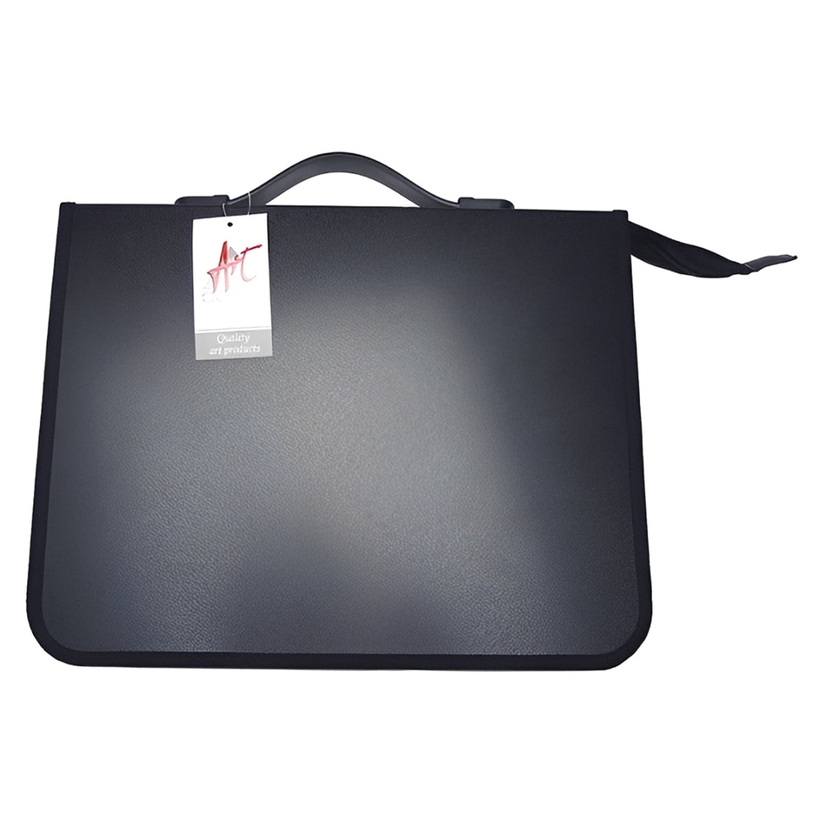 Front product view of the Colby Art A4 Zippered Polypropylene Portfolio against a white background. The black portfolio features a large structured cover, integrated top carry handle and zippered edging, clearly displaying its practical portable format for protecting and organising A4 artwork, documents and presentation materials.