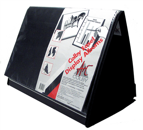 Colby Art A3 landscape easel display album open to show 20 fixed pockets with black insert sheets and wire-reinforced cover