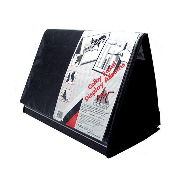 Colby Art A3 landscape easel display album open to show 20 fixed pockets with black insert sheets and wire-reinforced cover