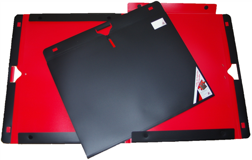 Colby Art A1 foldout portfolio carry case with black exterior and red interior, showing die-cut handle and elastic button closure