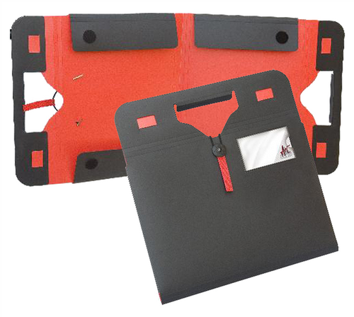 Colby Art A3 foldout portfolio carry case in black with red interior, shown closed with elastic button closure and die-cut handle