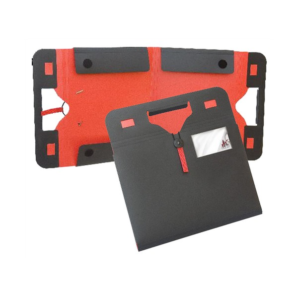 Colby Art 751A3 fold-out folio in black with a red interior, shown closed with handle, card window and red elastic, and opened flat