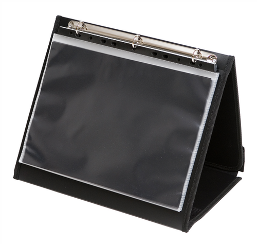 Colby Art 261LA4 A4 landscape refillable easel display book open on a desktop showing clear pockets and fold-out A-frame stand