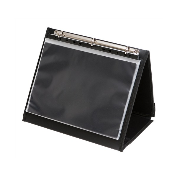 Colby Art 261LA4 A4 landscape refillable easel display book open on a desktop showing clear pockets and fold-out A-frame stand