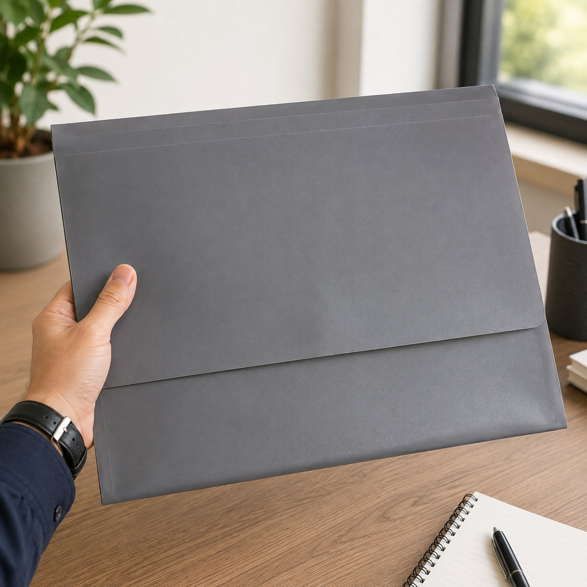 Colby Foolscap Polywally Wallet in slate grey held in a professional office setting, showing its broad flap and understated translucent finish. The large foolscap format provides practical storage for paperwork, while the clean grey appearance suits organised business, education and home office filing systems.