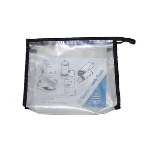Colby C-644A5 Gusseted Handy Pouch, translucent with black edge trim and black zip, printed with shoes, toiletries and a calculator and a blue A5 Gusseted Handy Pouch panel