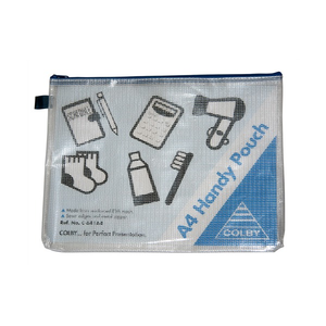 Colby C-641A4 Handy Pouch in A4 size with a blue zip and side finger loop, translucent mesh reinforced body printed with stationery and travel icons and a blue A4 Handy Pouch corner panel