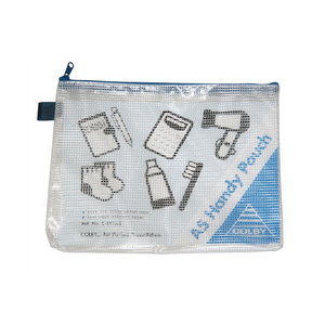Colby C-641A5 Handy Pouch in A5 size with a blue zip and side finger loop, translucent mesh reinforced body printed with stationery and travel icons and a blue A5 Handy Pouch corner panel