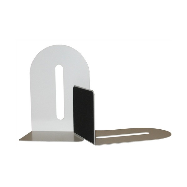 White KW by Colby KW-221 L-shaped bookend with a slotted upright, a long slotted base plate and a dark panel standing near the join