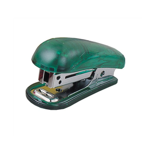 Colby KW-5103T Little Gem mini stapler in translucent emerald green with a chromed steel channel and base, side view on a white background