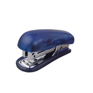 Colby KW-5103T Little Gem mini stapler in translucent sapphire blue with a chromed steel channel and base, side view on a white background