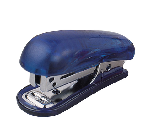 Colby KW-5103T Little Gem Mini Stapler in sapphire with transparent casing and chromed steel base