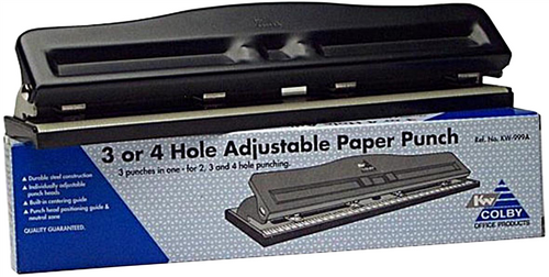 Colby KW-999A adjustable 3 to 4 hole punch in black metal finish with confetti tray, front view