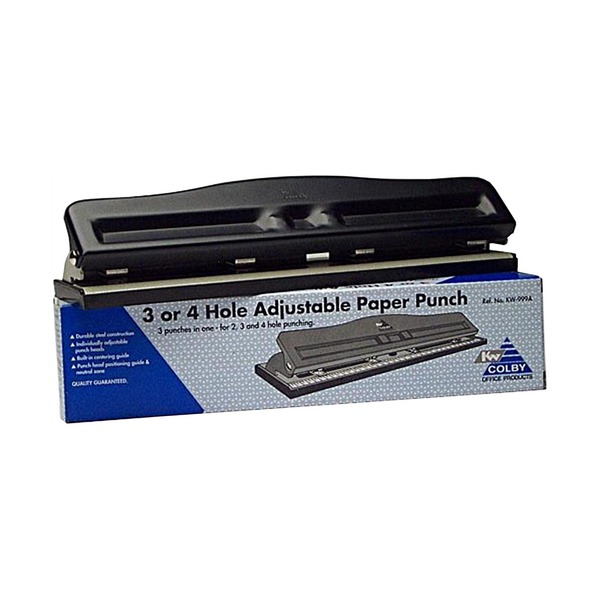 Colby KW-999A adjustable 3 to 4 hole punch in black metal finish with confetti tray, front view