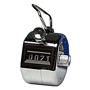 KW by Colby KW-241 chrome hand tally counter with the four digit window showing 0071, a wire finger ring on top and a knurled knob on the side