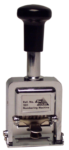 KW by Colby KW-201 self-inking automatic numbering machine in chrome metal, 6-wheel 7-action with drop cypher function