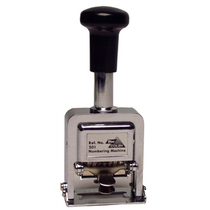 KW by Colby KW-201 automatic numbering machine in chrome with a black plunger handle and a front label reading Ref. No. 201 Numbering Machine