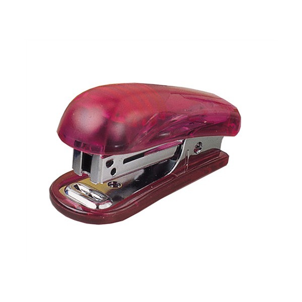 Colby KW-5103T Little Gem mini stapler in translucent ruby red with a chromed steel channel and base, side view on a white background