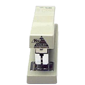 Colby KW-585 Prisma half strip stapler in putty standing on end, with the KW Colby logo on the top cover and the chromed staple channel visible