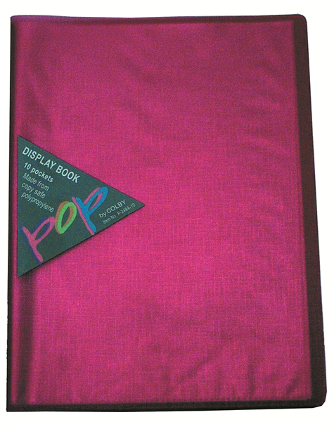 Colby POP A4 pink display book with 10 fixed top-loading copy safe pockets and linen embossed translucent cover