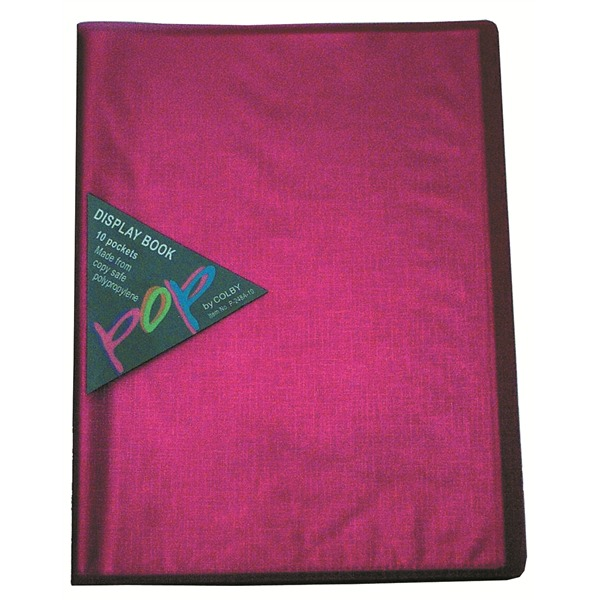 Colby POP A4 pink display book with 10 fixed top-loading copy safe pockets and linen embossed translucent cover