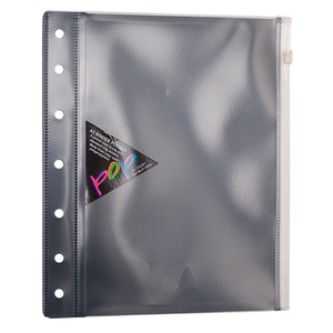 Colby POP P-140A5 A5 binder wallet in translucent black with a punched filing strip down the left edge, a zip along the right edge and a POP swing tag on the front