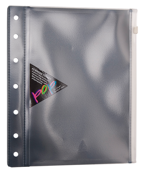 Colby POP A5 black polypropylene binder wallet with side zip, pack of 10, shown closed to display clear front cover and translucent back