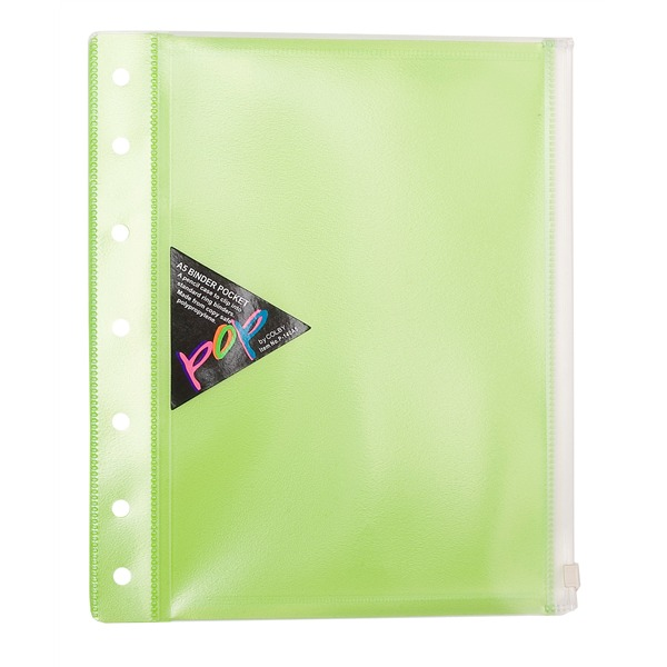 Colby POP A5 lime polypropylene binder wallet with side zip, pack of 10, showing clear front cover and translucent back