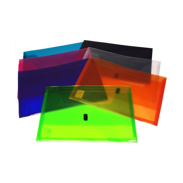 Colby POP P-327F translucent foolscap polywally wallet with hook and loop closure, assorted colours, pack of 12