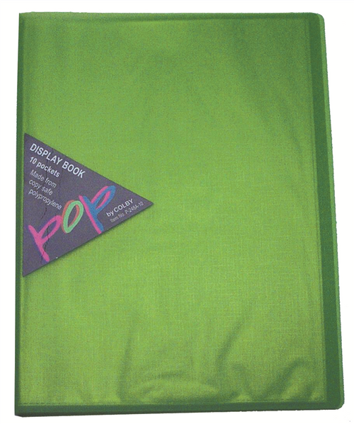 Colby POP A4 lime display book with 10 fixed copy-safe polypropylene pockets, front view