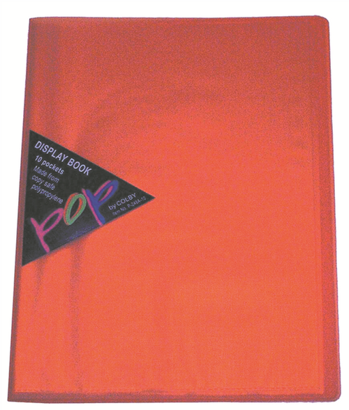 Colby POP A4 orange display book with 10 copy-safe polypropylene pockets, front view