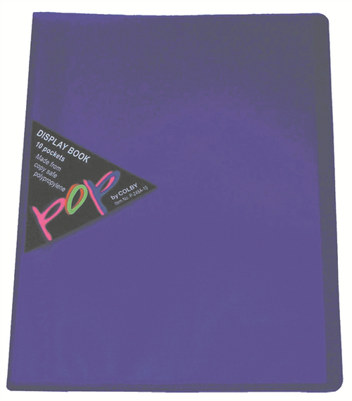 Colby POP A4 purple display book with 10 fixed copy safe pockets and translucent linen embossed cover
