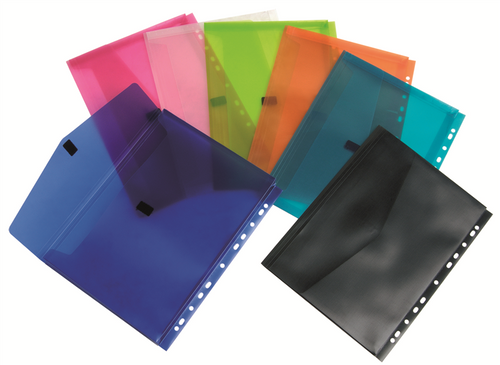 Colby POP A4 translucent polywally binder wallet with hook and loop closure and 30mm gusset, shown in assorted colours, pack of 12