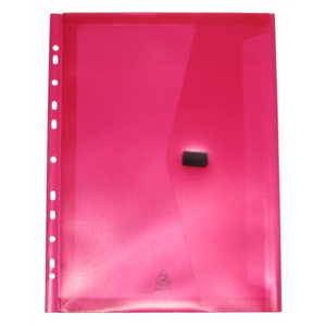 Colby POP P-326A A4 polywally binder wallet in translucent pink with a punched filing strip down the left edge and a flap closed with a black hook and loop tab