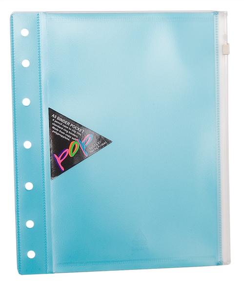 Colby POP A5 blue binder wallet with side zip closure, pack of 10, showing clear front and translucent back polypropylene covers