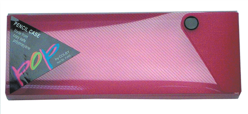 Colby POP pink translucent pencil box with clear slide cover and snap button closure, 25x75x200mm