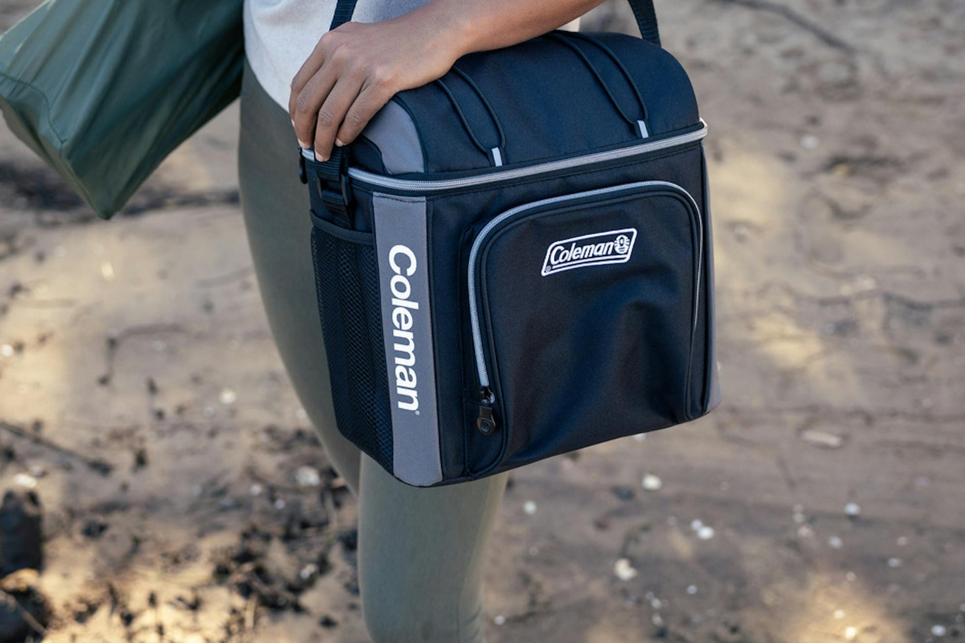 Coleman 30 Can Soft Cooler Black, lid and latch detail, showing the black soft cooler.