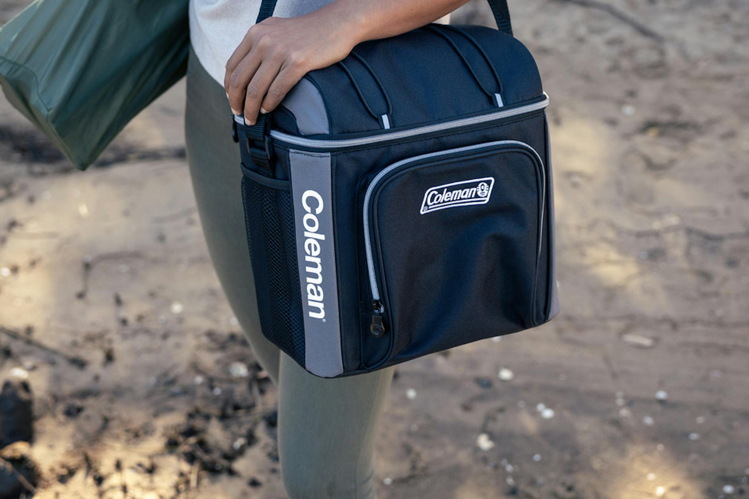 Coleman 30 Can Soft Cooler Black, lid and latch detail, showing the black soft cooler.