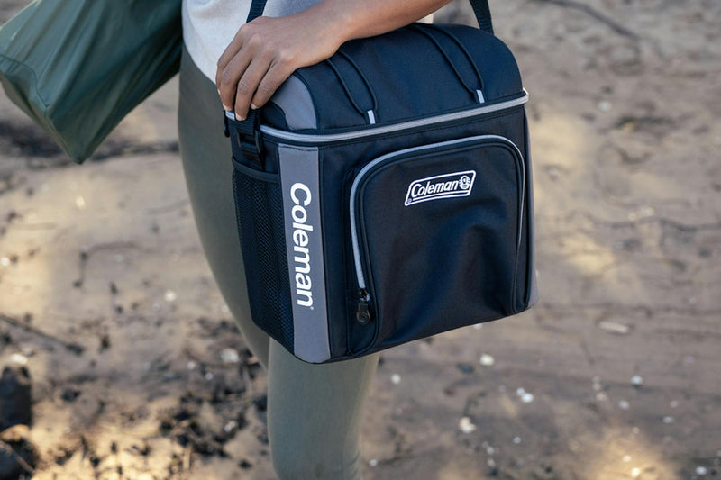 Coleman 30 Can Soft Cooler Black, lid and latch detail, showing the black soft cooler.