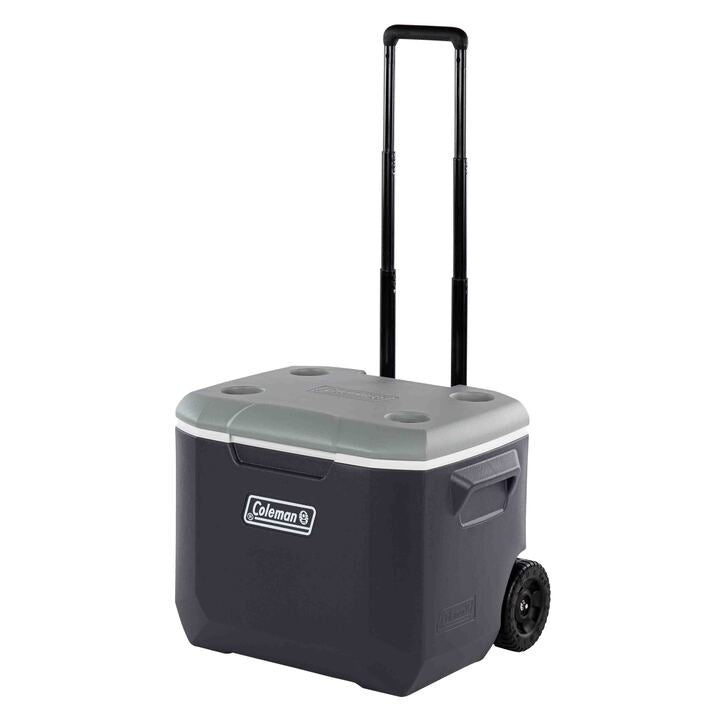Coleman Daintree 57L Wheeled Hard Cooler Grey, detail view, showing the grey wheeled hard cooler.